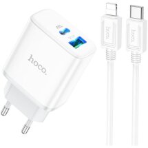 Сетевое зарядное устройство Hoco C105A PD20W + QC3.0 + кабель Type-C to Lightning - White: фото 1 из 9