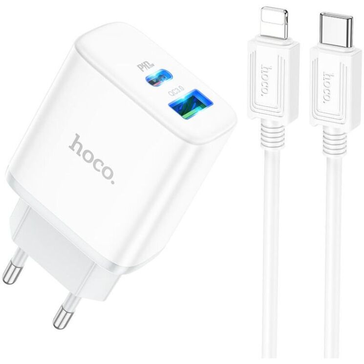 Сетевое зарядное устройство Hoco C105A PD20W + QC3.0 + кабель Type-C to Lightning - White: фото 1 из 9