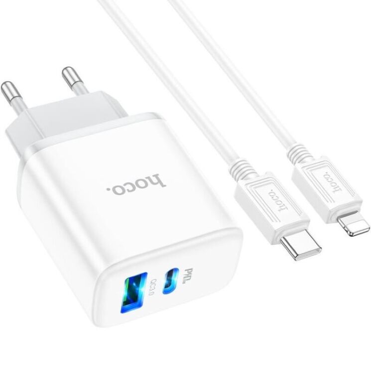 Сетевое зарядное устройство Hoco C105A PD20W + QC3.0 + кабель Type-C to Lightning - White: фото 2 из 9