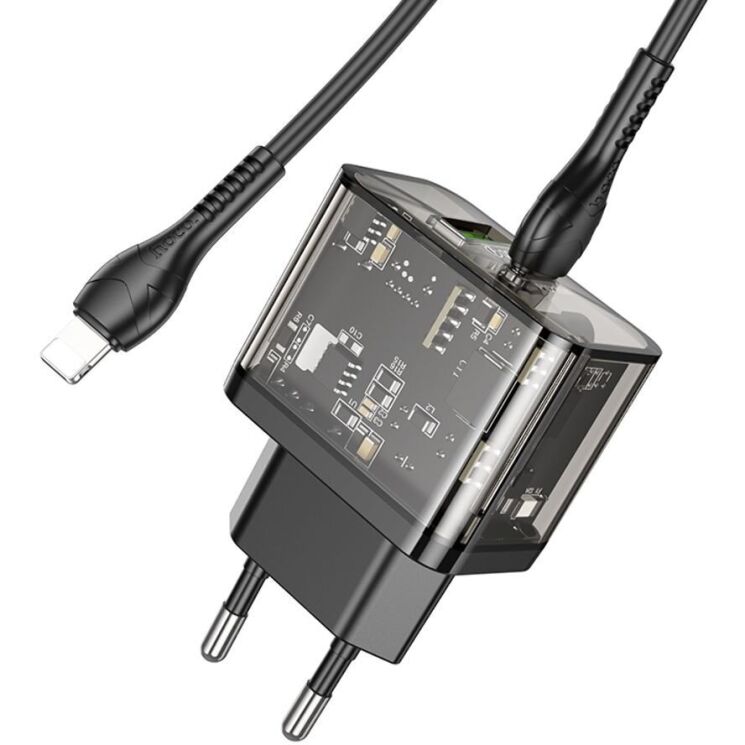 Сетевое зарядное устройство Hoco N34 Dazzling PD20W+QC3.0 + кабель Type-C to Lightning - Transparent Black: фото 3 из 8