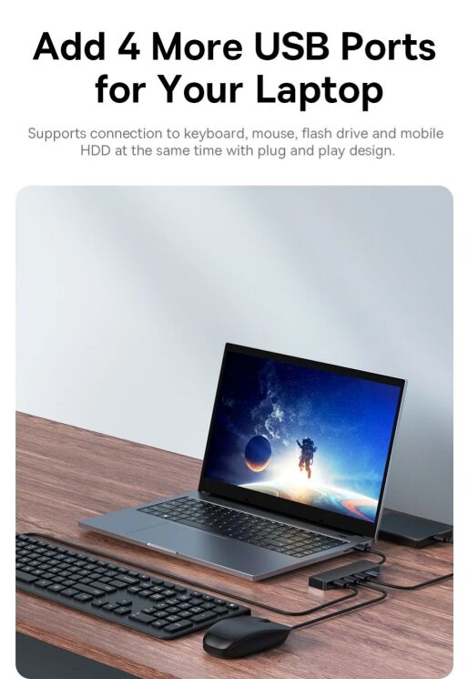 USB HUB Baseus UltraJoy Series USB to 4USB (100cm) B0005280B111-03 - Black: фото 10 из 18