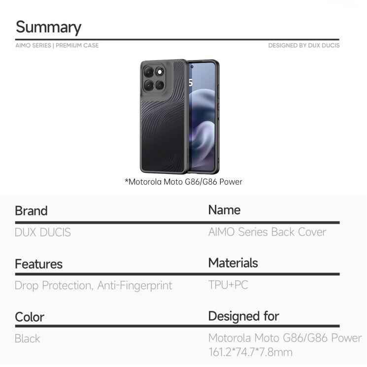 Захисний чохол DUX DUCIS Aimo Series для Motorola Moto G86 / G86 Power - Black: фото 9 з 9