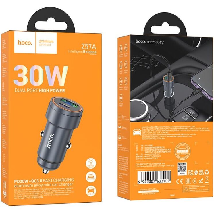 Автомобильное зарядное устройство Hoco Z57A Glorious PD30W + QC3.0 - Metal Grey: фото 5 из 7
