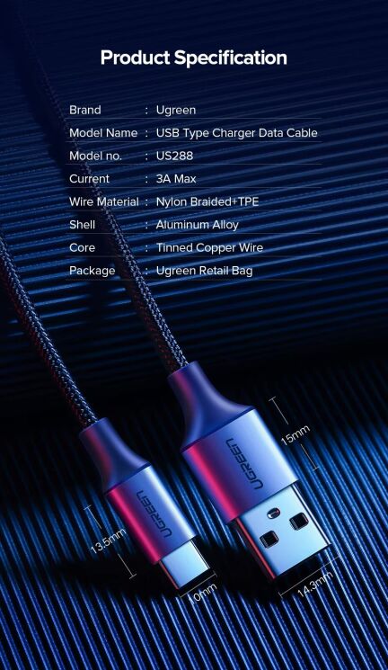 Кабель UGREEN US288 USB to Type-C (3A, 2m) 60128 - Black: фото 17 из 18