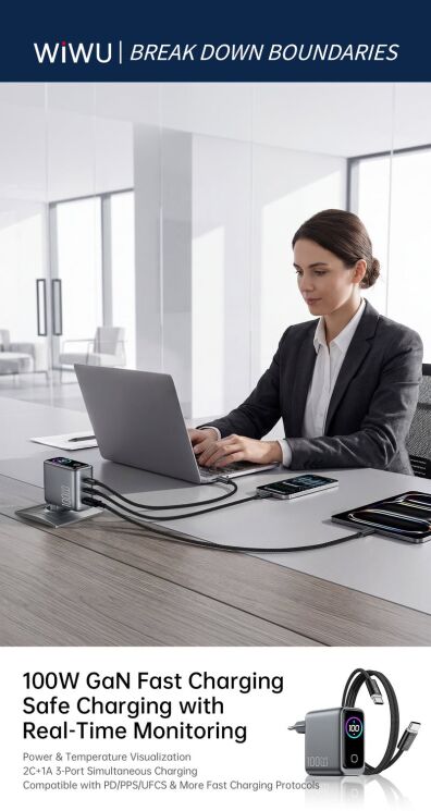 Сетевое зарядное устройство WIWU CHG300 Voyager PD100W+QC3.0 (USB + 2Type-C) + кабель Type-C to Type-C - Grey: фото 5 из 7