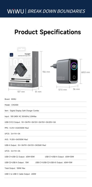 Сетевое зарядное устройство WIWU CHG300 Voyager PD100W+QC3.0 (USB + 2Type-C) + кабель Type-C to Type-C - Grey: фото 7 из 7