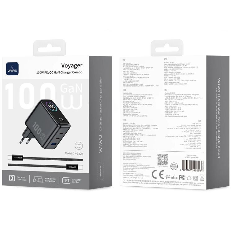 Сетевое зарядное устройство WIWU CHG300 Voyager PD100W+QC3.0 (USB + 2Type-C) + кабель Type-C to Type-C - Grey: фото 3 из 7
