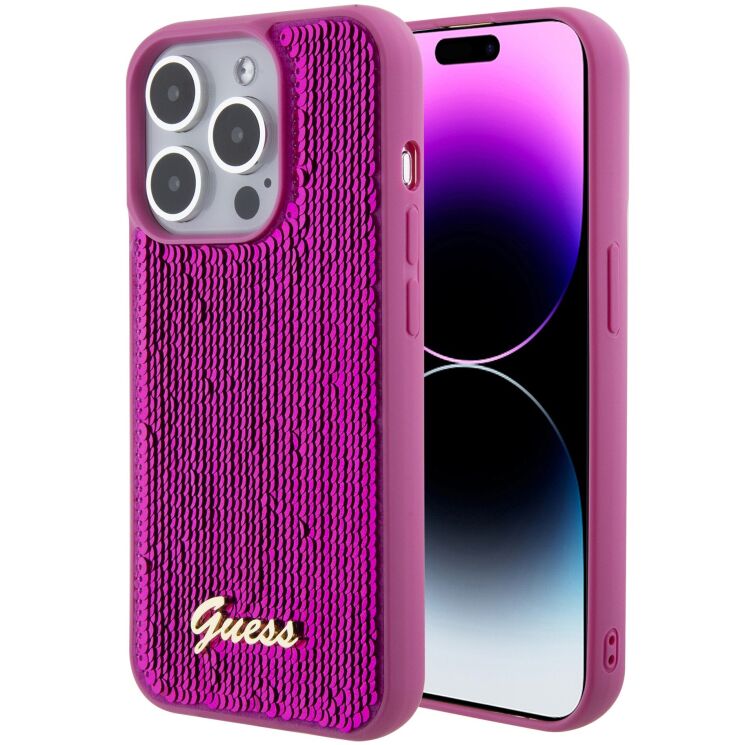 Защитный чехол Guess Sequin Script Metal для Apple iPhone 15 Pro (GUHCP15LPSFDGSF) - Magenta: фото 1 из 8