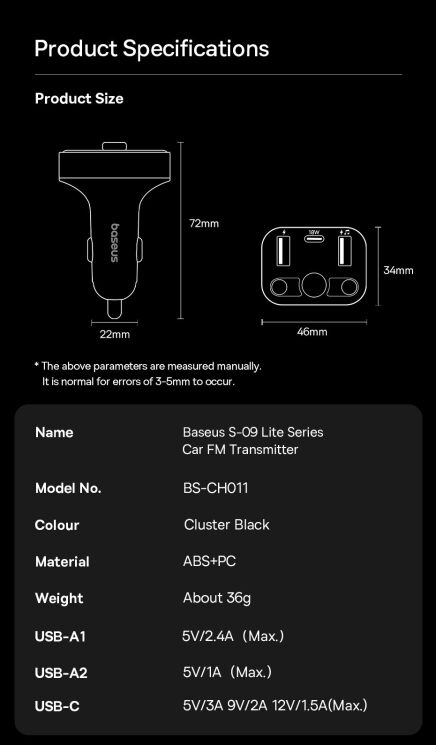 FM модулятор Baseus S-09 Lite Series (C10762300113-00) - Black: фото 11 из 12