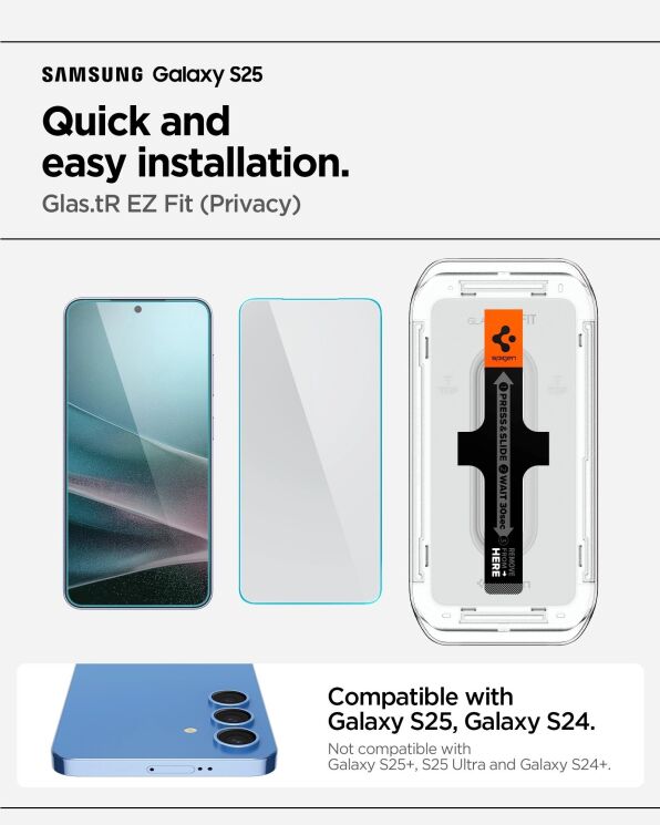 Комплект защитных стекол Spigen (SGP) GLAS.tR EZ Fit Privacy для Samsung Galaxy S24 (S921) / Galaxy S25 (S931) AGL09308: фото 7 из 11