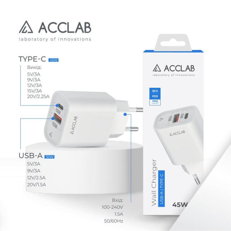 Мережевий зарядний пристрій ACCLAB&nbsp;AL-TC452 PD45W + QC4.0 (USB + Type-C) - White: фото 8 з 8