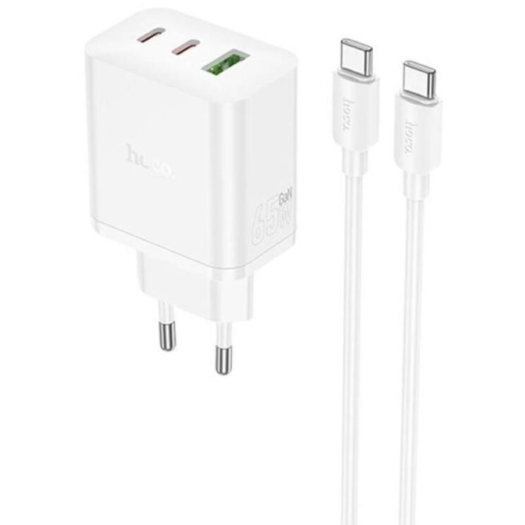 Мережевий зарядний пристрій Hoco N51 PD65W (USB + 2Type-C) + кабель Type-C to Type-C - White: фото 1 з 4