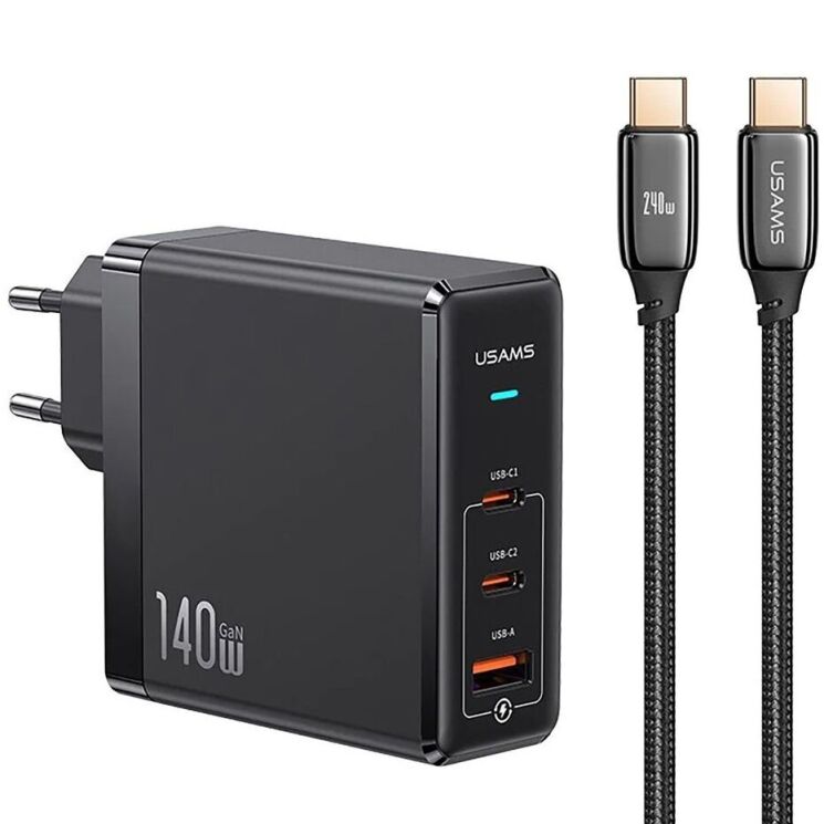 Сетевое зарядное устройство USAMS US-CC168 140W GaN + кабель Type-C to Type-C (240W) - Black: фото 1 из 21