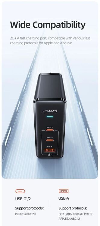 Сетевое зарядное устройство USAMS US-CC168 140W GaN + кабель Type-C to Type-C (240W) - Black: фото 10 из 21