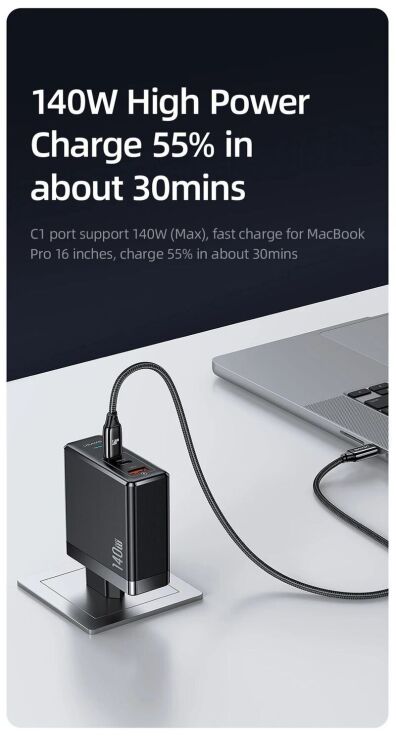 Сетевое зарядное устройство USAMS US-CC168 140W GaN + кабель Type-C to Type-C (240W) - Black: фото 6 из 21