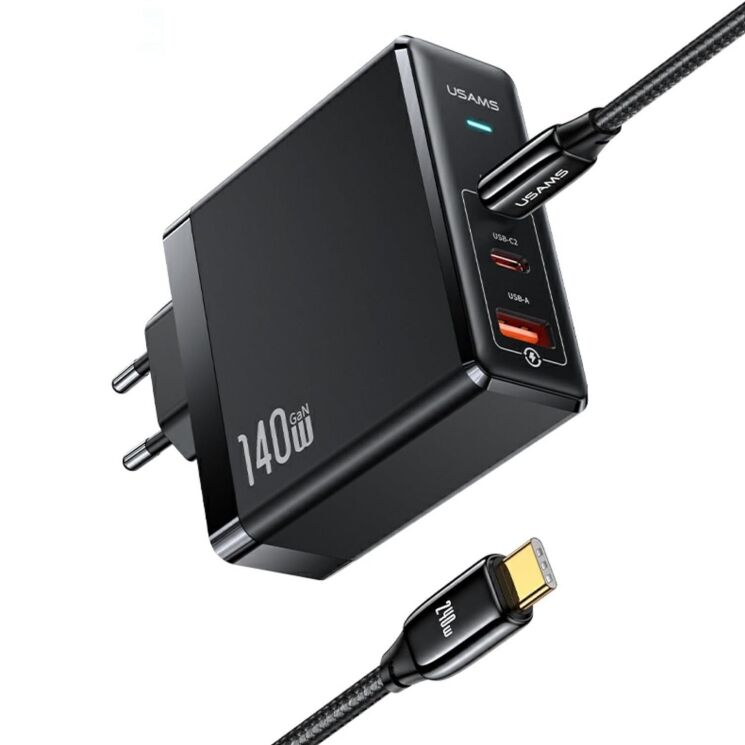 Сетевое зарядное устройство USAMS US-CC168 140W GaN + кабель Type-C to Type-C (240W) - Black: фото 2 из 21