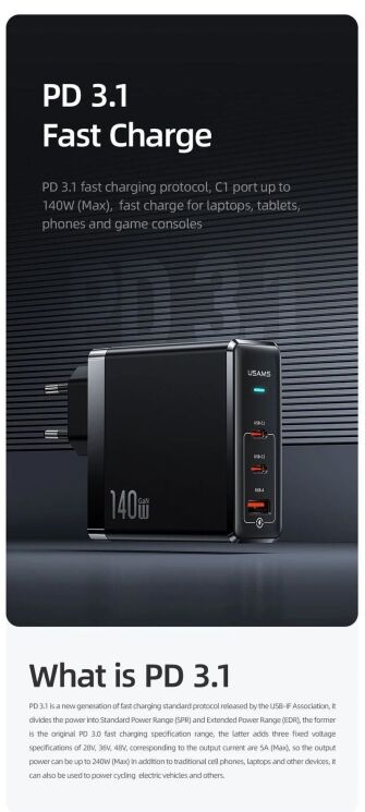Сетевое зарядное устройство USAMS US-CC168 140W GaN + кабель Type-C to Type-C (240W) - Black: фото 5 из 21