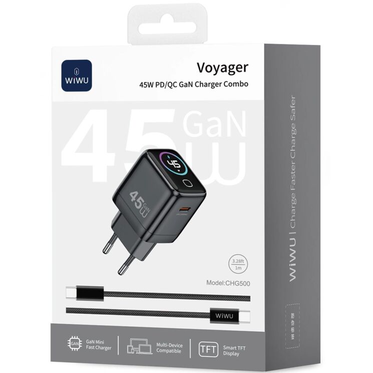 Сетевое зарядное устройство WIWU CHG500 Voyager PD45W (Type-C) + кабель Type-C to Type-C - Grey: фото 4 из 8