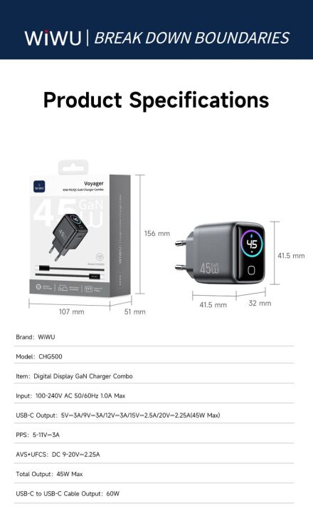 Сетевое зарядное устройство WIWU CHG500 Voyager PD45W (Type-C) + кабель Type-C to Type-C - Grey: фото 8 из 8