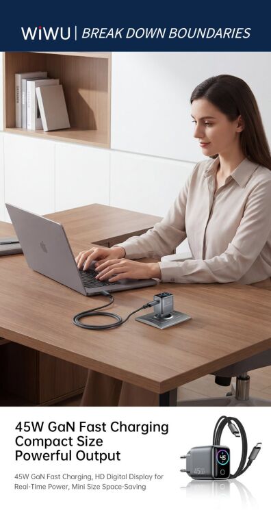Сетевое зарядное устройство WIWU CHG500 Voyager PD45W (Type-C) + кабель Type-C to Type-C - Grey: фото 6 из 8