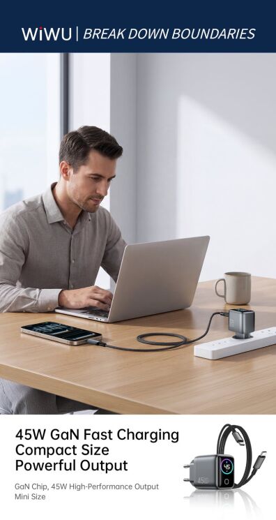 Сетевое зарядное устройство WIWU CHG500 Voyager PD45W (Type-C) + кабель Type-C to Type-C - Grey: фото 5 из 8