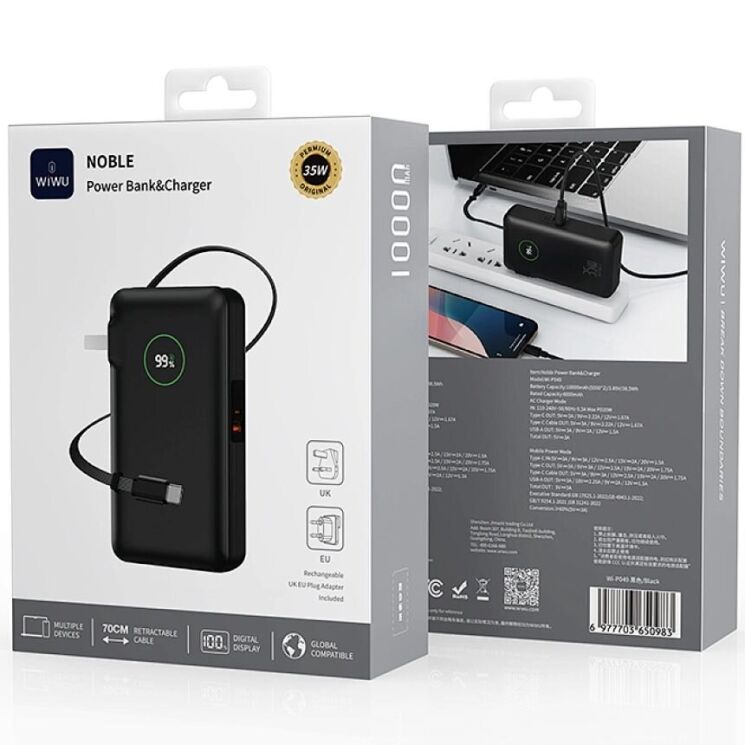 Зовнішній акумулятор WIWU Wi-P049 NOBLE 35W (10000mAh) + кабель Type-C - Black: фото 2 з 4