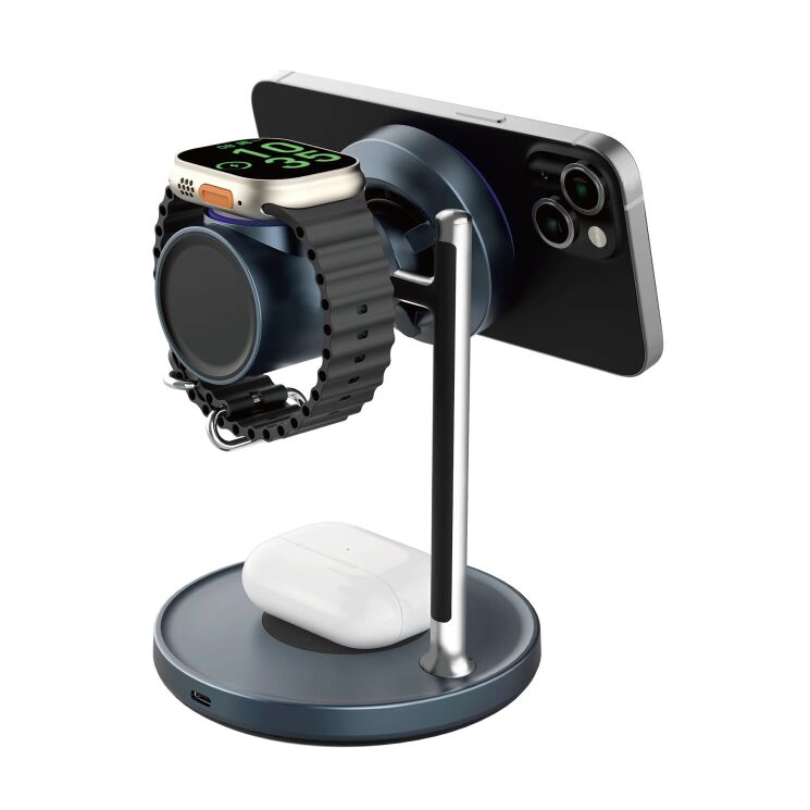 Беспроводное зарядное устройство для WiWU Wi-W041 Space Station 3 in 1 Qi2 (25W) - Black: фото 3 из 8
