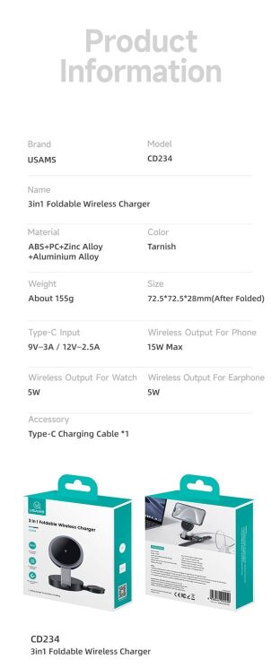 Бездротовий зарядний пристрій USAMS CD234 (15W) 3 in 1 Foldable Wireless Charge - Black: фото 17 з 17