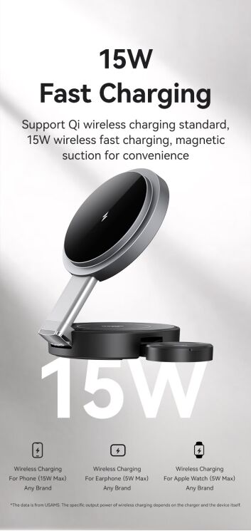 Бездротовий зарядний пристрій USAMS CD234 (15W) 3 in 1 Foldable Wireless Charge - Black: фото 8 з 17