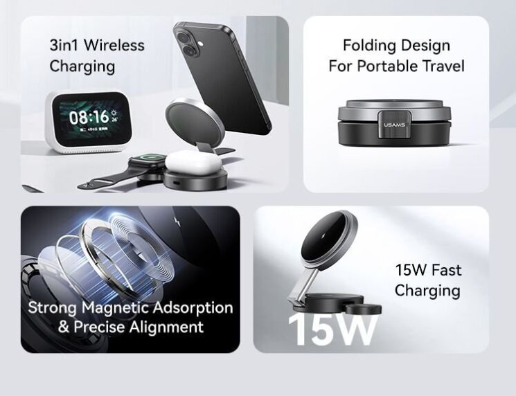 Бездротовий зарядний пристрій USAMS CD234 (15W) 3 in 1 Foldable Wireless Charge - Black: фото 6 з 17