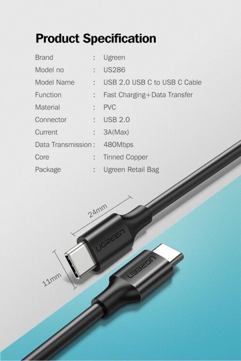 Кабель UGREEN US286 Type-C to Type-C 60W (3A, 1m) 50997 - Black: фото 11 из 12