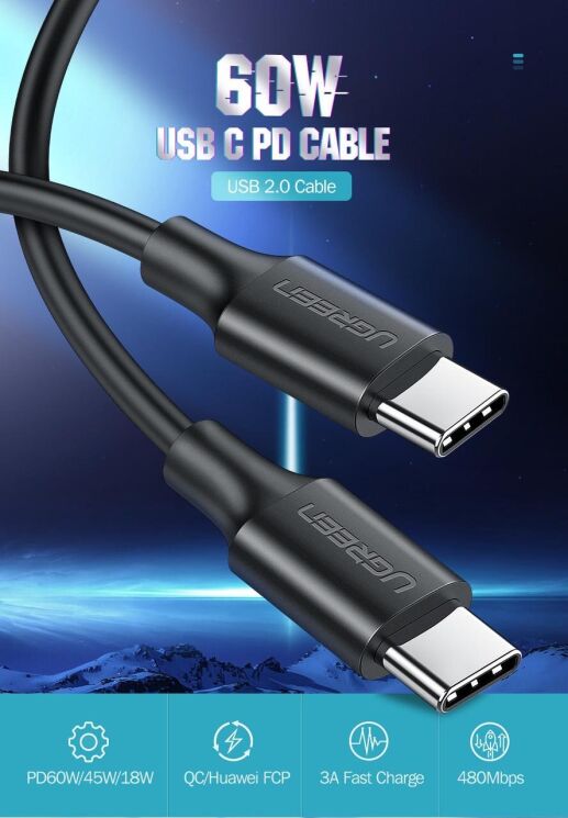 Кабель UGREEN US286 Type-C to Type-C 60W (3A, 1m) 50997 - Black: фото 4 из 12