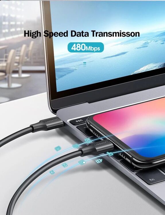 Кабель UGREEN US286 Type-C to Type-C 60W (3A, 1m) 50997 - Black: фото 6 из 12
