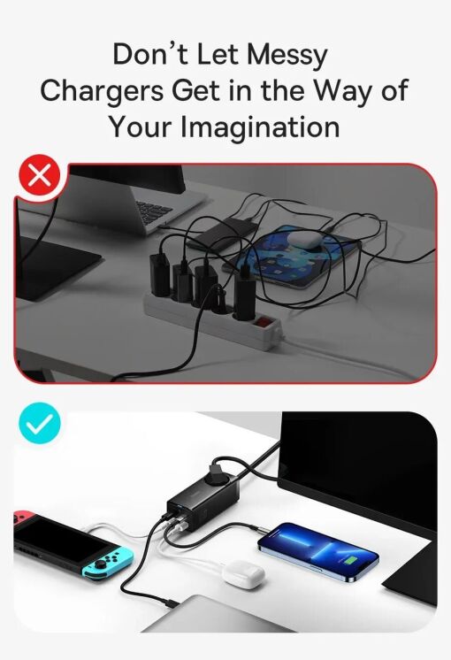Сетевое зарядное устройство Baseus GaN3 Pro Desktop Fast Charger AC+2U+2C (65W) + кабель Type-C to Type-C (100W, 1m) PSZM000901 - Black: фото 11 из 31