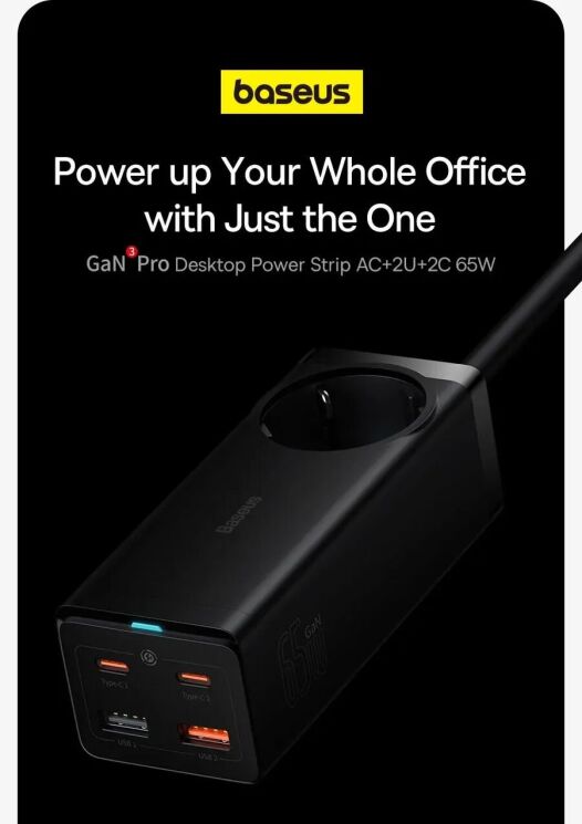 Сетевое зарядное устройство Baseus GaN3 Pro Desktop Fast Charger AC+2U+2C (65W) + кабель Type-C to Type-C (100W, 1m) PSZM000901 - Black: фото 8 из 31