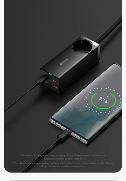 Сетевое зарядное устройство Baseus GaN3 Pro Desktop Fast Charger AC+2U+2C (65W) + кабель Type-C to Type-C (100W, 1m) PSZM000901 - Black: фото 19 из 31