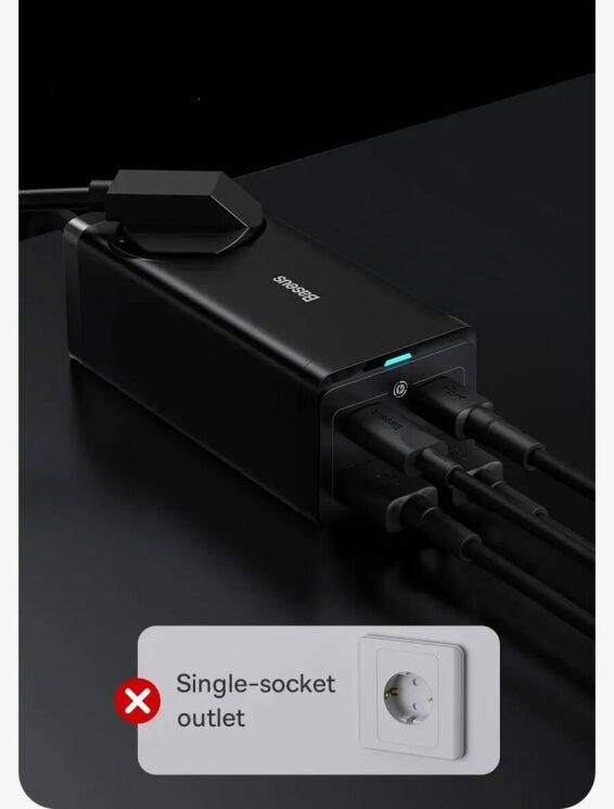 Сетевое зарядное устройство Baseus GaN3 Pro Desktop Fast Charger AC+2U+2C (65W) + кабель Type-C to Type-C (100W, 1m) PSZM000901 - Black: фото 10 из 31