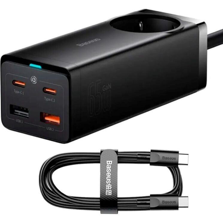 Сетевое зарядное устройство Baseus GaN3 Pro Desktop Fast Charger AC+2U+2C (65W) + кабель Type-C to Type-C (100W, 1m) PSZM000901 - Black: фото 1 из 31