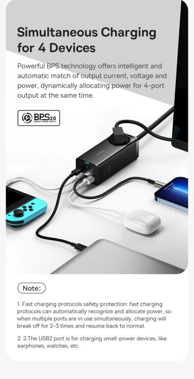 Сетевое зарядное устройство Baseus GaN3 Pro Desktop Fast Charger AC+2U+2C (65W) + кабель Type-C to Type-C (100W, 1m) PSZM000901 - Black: фото 20 из 31