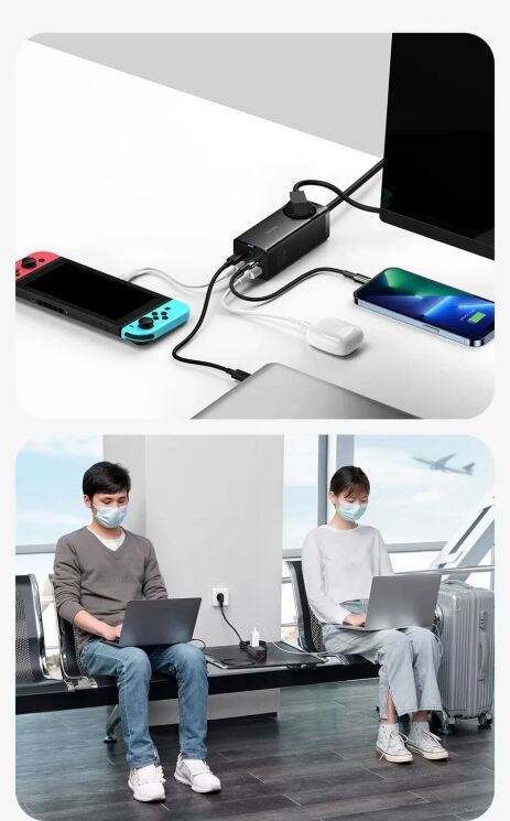 Сетевое зарядное устройство Baseus GaN3 Pro Desktop Fast Charger AC+2U+2C (65W) + кабель Type-C to Type-C (100W, 1m) PSZM000901 - Black: фото 27 из 31