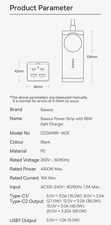 Сетевое зарядное устройство Baseus GaN3 Pro Desktop Fast Charger AC+2U+2C (65W) + кабель Type-C to Type-C (100W, 1m) PSZM000901 - Black: фото 28 из 31