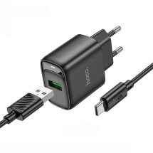 Мережевий зарядний пристрій Hoco C140A Smart QC3.0 (18W, 3A) + кабель USB to Type-C - Black: фото 1 з 6