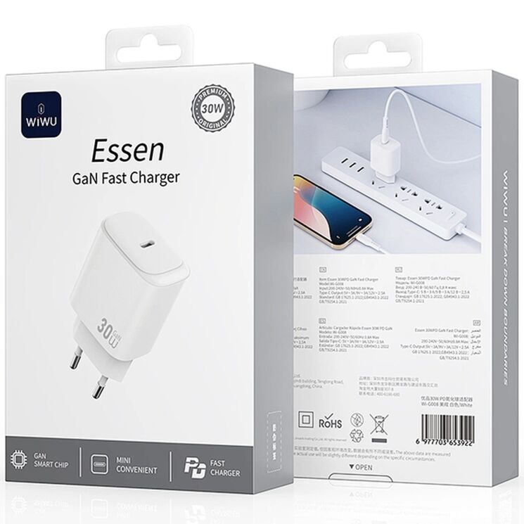 Сетевое зарядное устройство WIWU G008 Essen PD30W GaN (Type-C) - White (995671W) Сетевое зарядное устройство WIWU G008 Essen PD30W GaN (Type-C) - White: фото 4 из 12