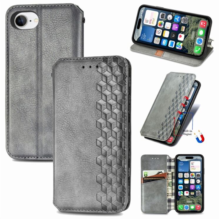 Чехол Deexe Rhombus Wallet для Apple iPhone 16e - Grey: фото 4 из 10