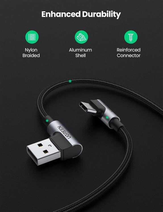 Кабель UGREEN US176 USB to Type-C (3A, 1m) - Black: фото 7 з 8