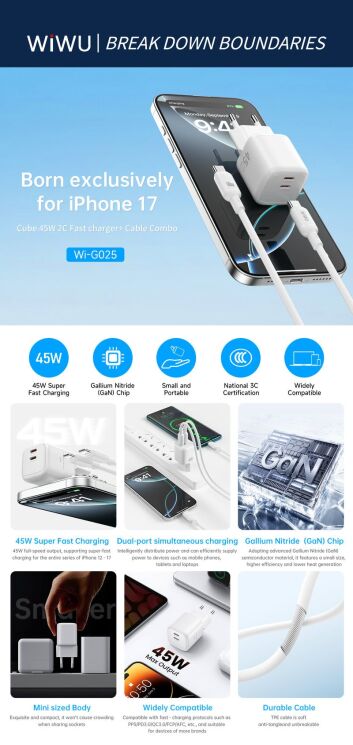 Сетевое зарядное устройство WIWU G025 Cube PD45W (2Type-C) + кабель Type-C to Type-C - Orange: фото 4 из 5
