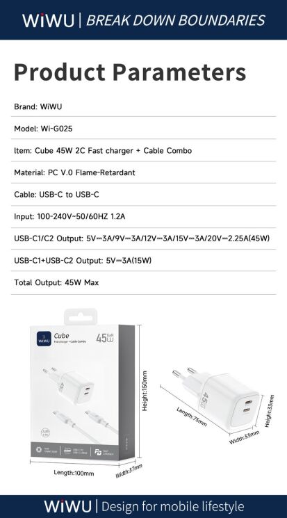 Сетевое зарядное устройство WIWU G025 Cube PD45W (2Type-C) + кабель Type-C to Type-C - Orange: фото 5 из 5