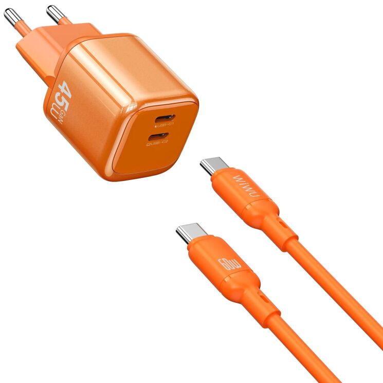 Сетевое зарядное устройство WIWU G025 Cube PD45W (2Type-C) + кабель Type-C to Type-C - Orange: фото 1 из 5