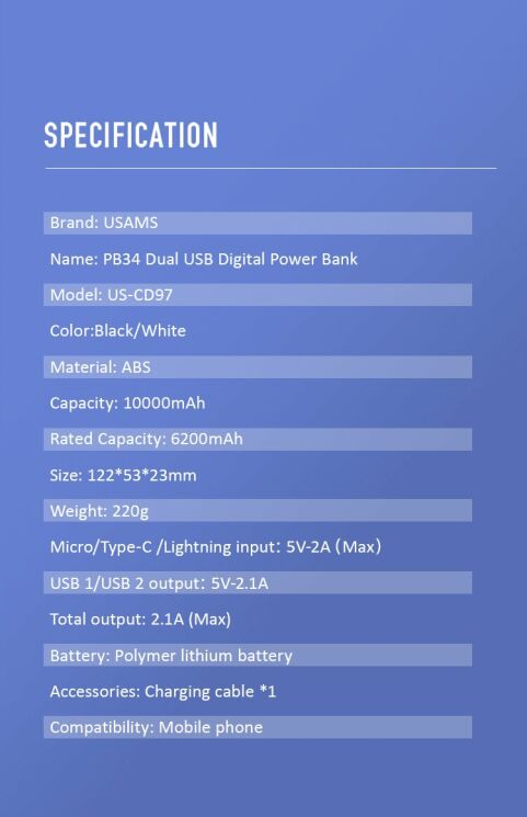 Внешний аккумулятор USAMS US-CD97 Dual USB Digital (10000mAh) - Black: фото 18 из 19