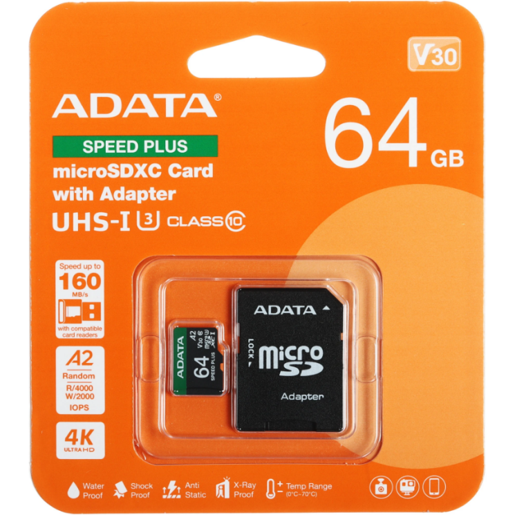 Картка пам&rsquo;яті microSDXC ADATA SPEED PLUS 64GB 10 class UHS-1 U3 R180 + адаптер (UD64GUI3V30A2SP-RA1) - Black: фото 1 з 2